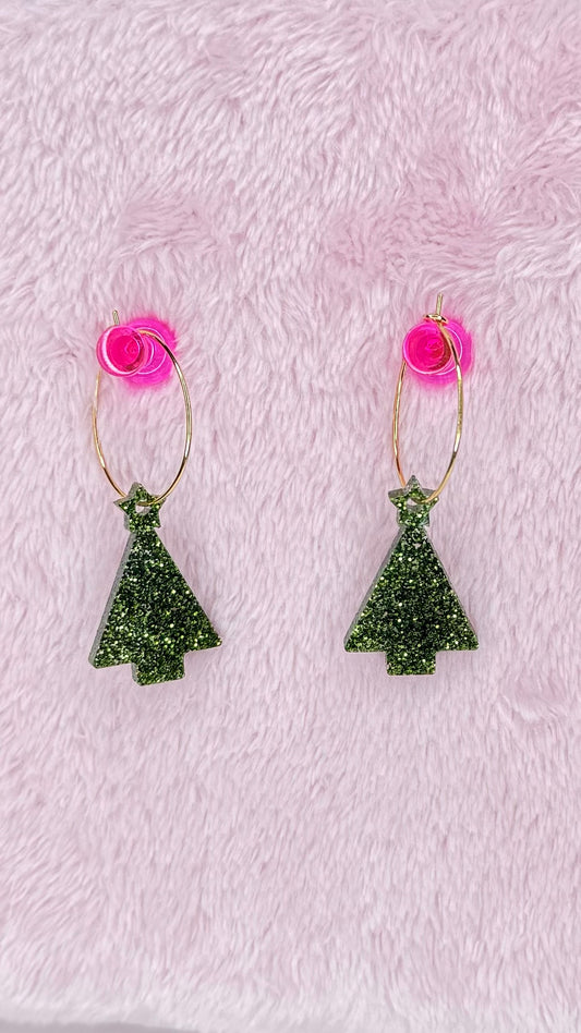 KT Christmas Tree Mini Hoop Earrings - KT483 - Green Glitter