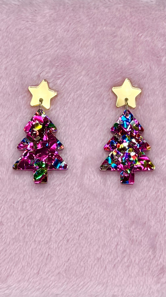 KT Christmas Tree Earrings - Chunky Rainbow Glitter