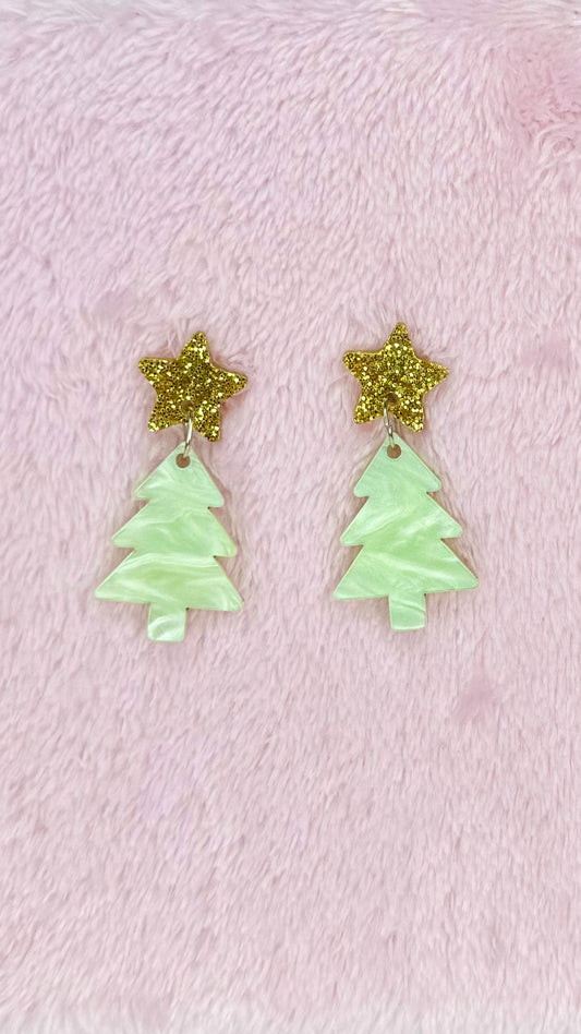 KT Christmas Tree Mini Earrings - KT484 - Mint Swirl with Gold Glitter