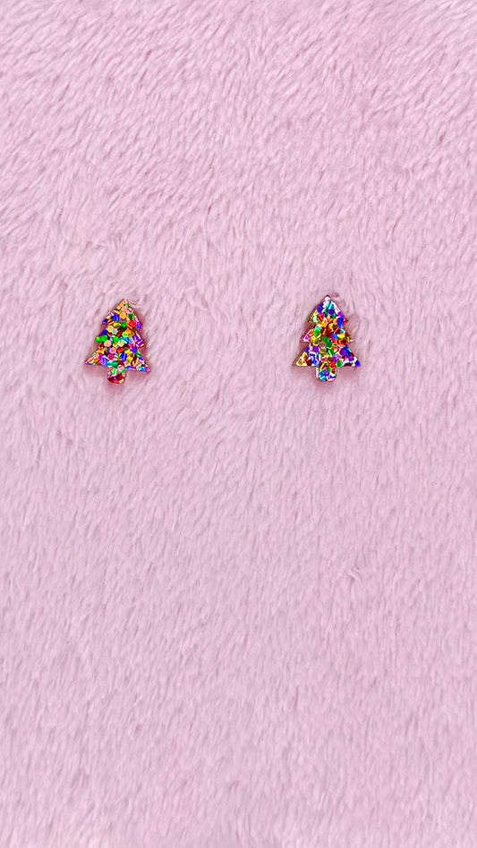 KT Christmas Tree Acrylic Mini Stud Earrings - Rainbow Confetti - KT470