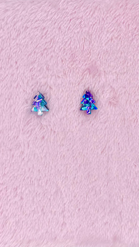 KT Christmas Tree Acrylic Mini Stud Earrings - Purple Teal Heart - KT213