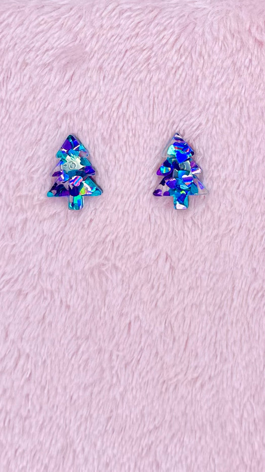 KT Christmas Tree Acrylic Stud Earrings - Purple Teal Heart - KT475