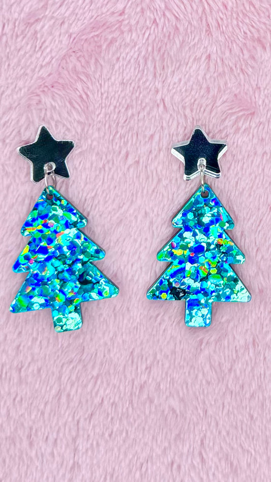 KT Christmas Tree Earrings - Teal on Silver