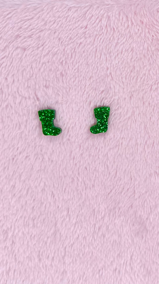 KT Christmas Acrylic Stud Earrings - Green Stockings