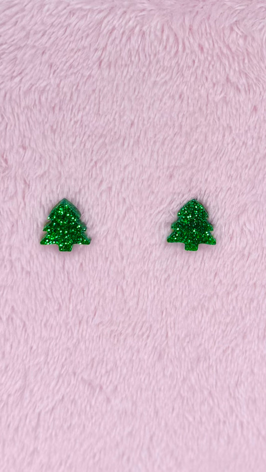 KT Christmas Tree Acrylic Mini Stud Earrings - Green Glitter - KT465