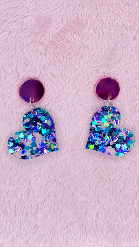 Acrylic Dangle Earrings - Teal Hearts