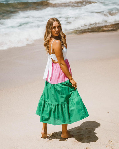 Tores Dress - Pink & Orange | Ebby and I | 
Self tie back
Elasticised at waist
Midi length
Cotton / linen blend
True to size
Danika wears a size 12

Shop other colours HERE