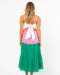 Tores Dress - Pink & Orange | Ebby and I | 
Self tie back
Elasticised at waist
Midi length
Cotton / linen blend
True to size
Danika wears a size 12

Shop other colours HERE