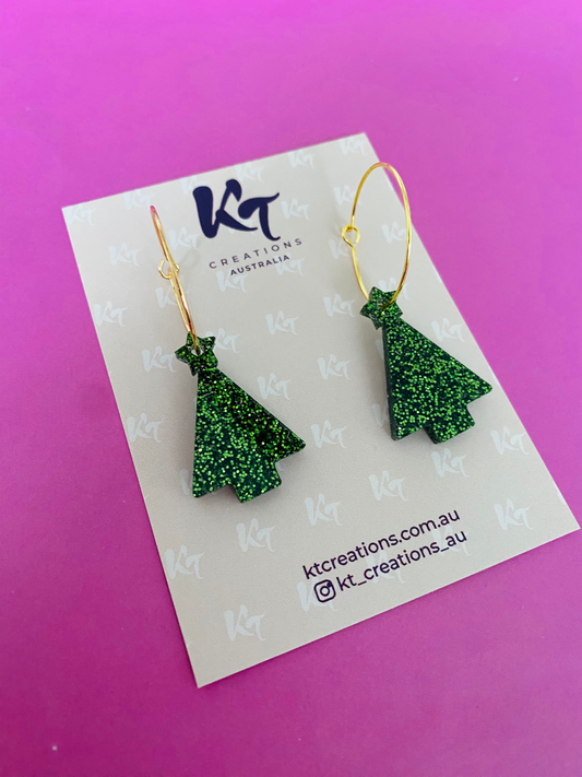 KT Christmas Tree Mini Hoop Earrings - KT483 - Green Glitter