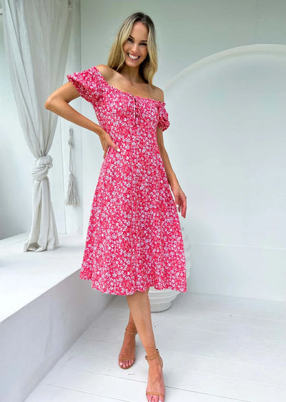 Ivana Midi Dress: Introducing our charming Ivana Midi Dress, a perfect blend of timeless elegance and modern flair. This radiant red ensemble is adorned with a delicate white floral p - Ciao Bella Dresses - Mylk the Label