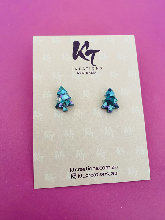 KT Christmas Tree Acrylic Mini Stud Earrings - Purple Teal Heart - KT213