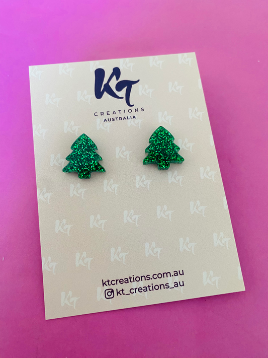 KT Christmas Tree Acrylic Mini Stud Earrings - Green Glitter - KT465