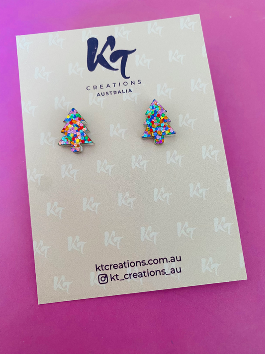 KT Christmas Tree Acrylic Mini Stud Earrings - Rainbow Confetti - KT470