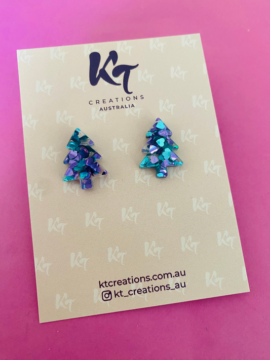 KT Christmas Tree Acrylic Stud Earrings - Purple Teal Heart - KT475