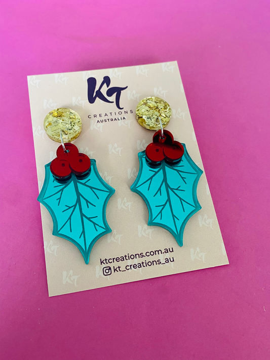 KT Christmas Earrings - Mistletoe Holly - KT476