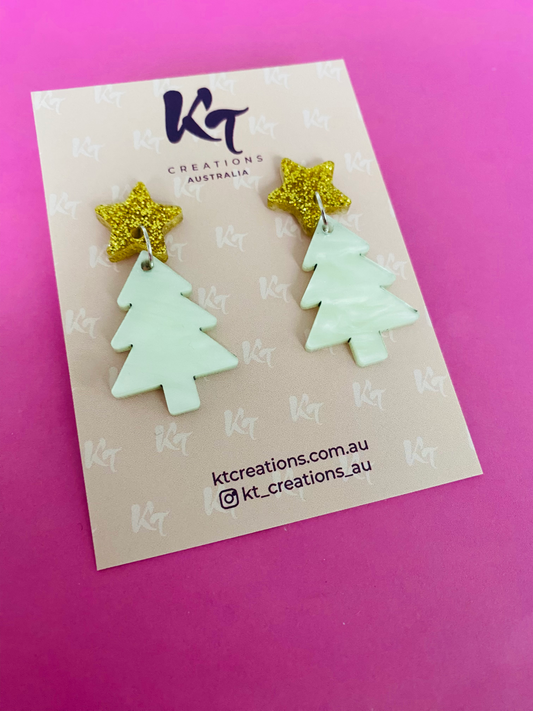 KT Christmas Tree Mini Earrings - KT484 - Mint Swirl with Gold Glitter