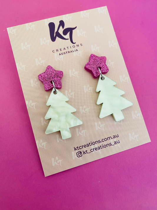 KT Christmas Tree Mini Earrings - KT486 - Mint Swirl with Pink Glitter