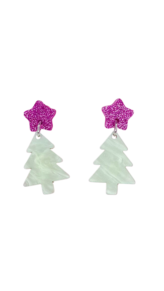 Christmas Tree Mini Dangles - Mint Swirl with Pink Glitter