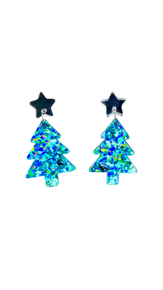 Christmas Tree Dangles - Teal on Silver