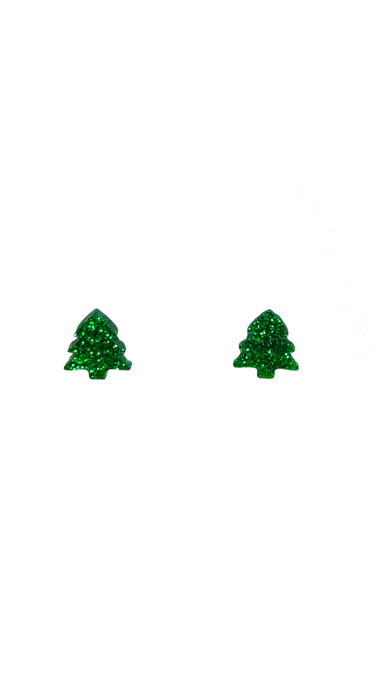 Mini Christmas Tree Stud Earrings - Green Glitter