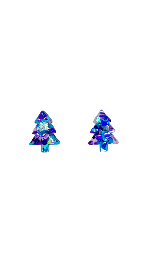 Christmas Tree Stud Earrings - Purple Teal Heart