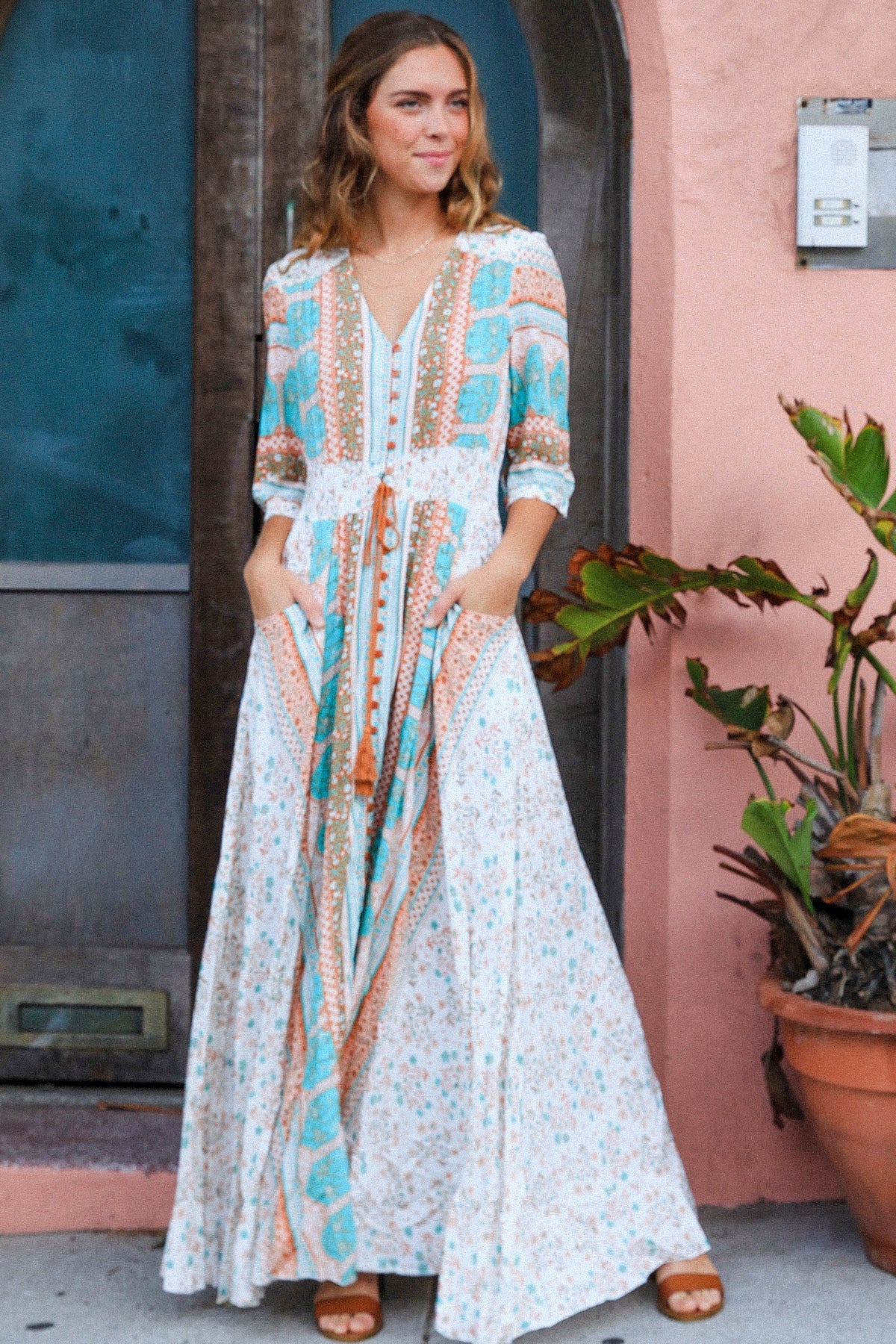 Bailey Maxi Boho Dress: 
Last years bestseller is BACK. The Bailey Dress sold out time and time again and who can blame it?
The Bailey Maxi Dress has a mix of soft blues and browns in a gor - Ciao Bella Dresses 