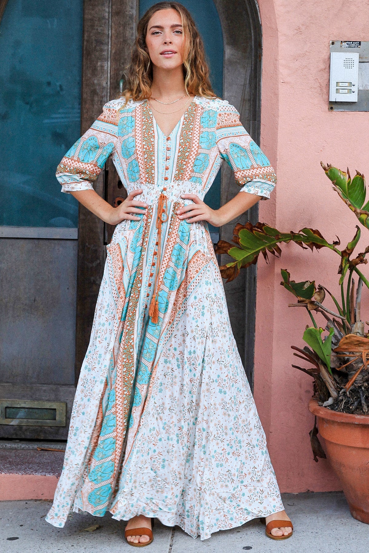 Bailey Maxi Boho Dress: 
Last years bestseller is BACK. The Bailey Dress sold out time and time again and who can blame it?
The Bailey Maxi Dress has a mix of soft blues and browns in a gor - Ciao Bella Dresses 