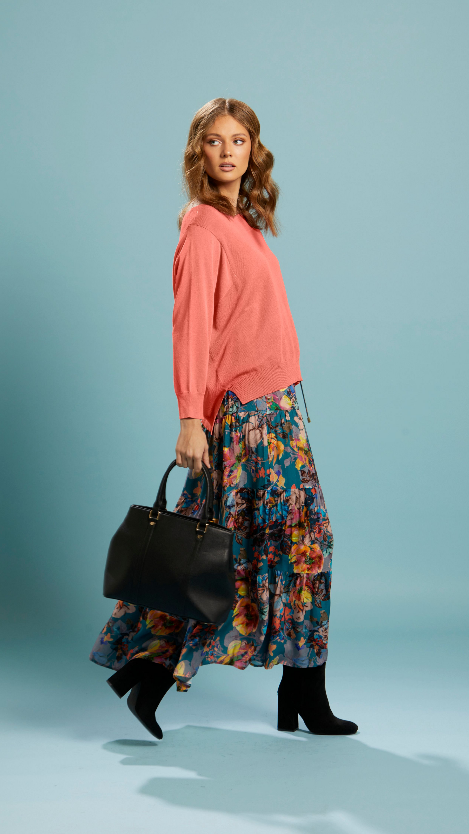 Pure Shores Shirred Boho Skirt | Fate + Becker | Introducing the Pure Shores Shirred Boho Skirt, a stunning embodiment of elegance and versatility. Adorned with a gorgeous teal bouquet pattern, this skirt is a true