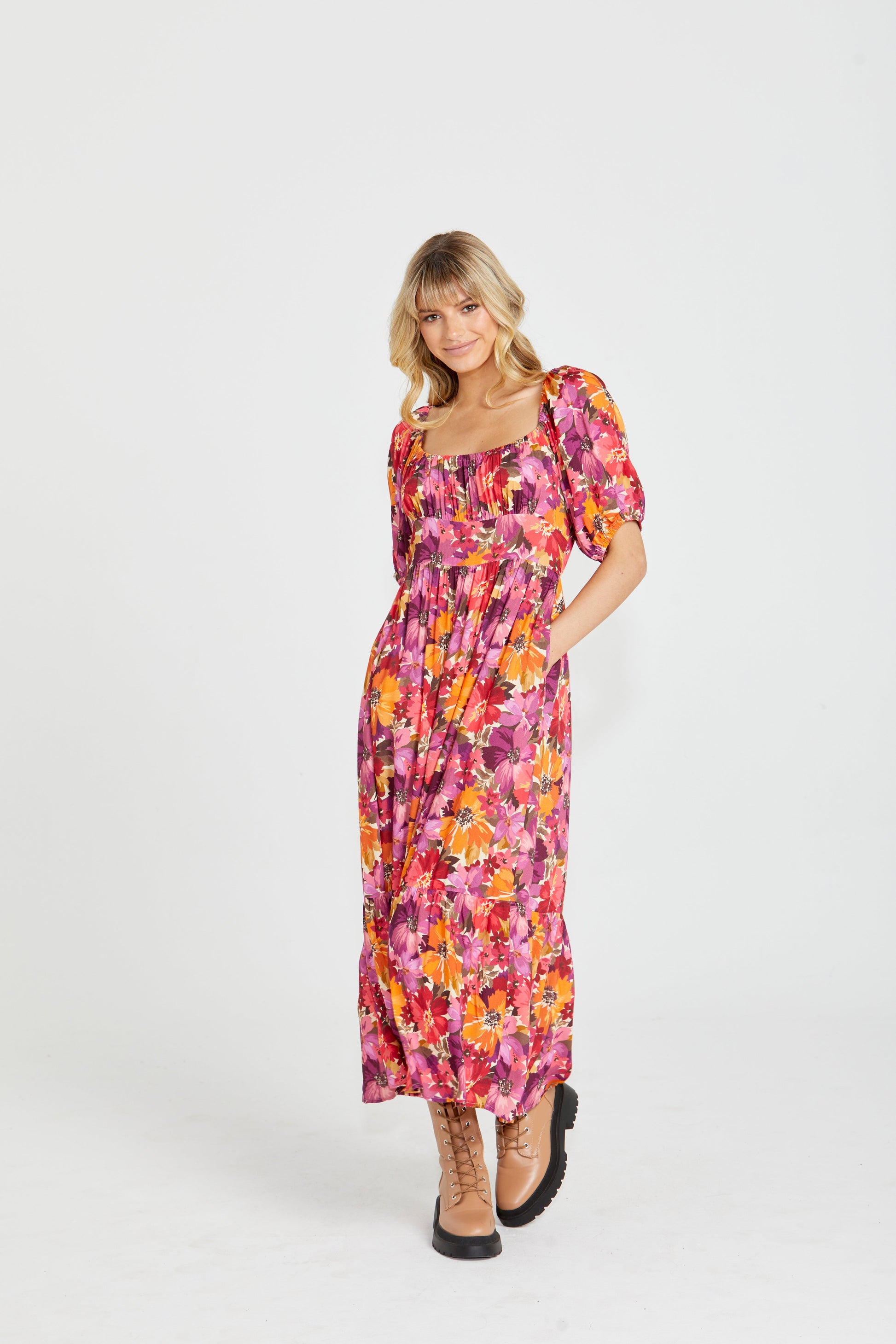 Yasmin Midi Dress - Berry Floral | Sass Clothing | Introducing the Yasmin Frill Hem Midi Dress! With its flirty frill hem and elasticated square neckline, it exudes confidence and grace. The back shirred panel ensure