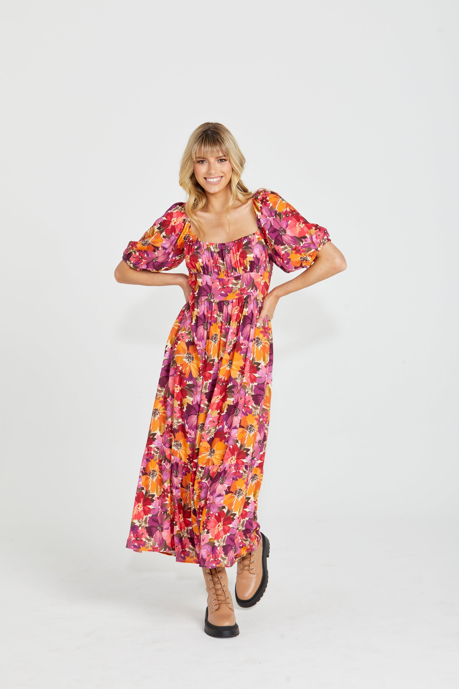 Yasmin Midi Dress - Berry Floral | Sass Clothing | Introducing the Yasmin Frill Hem Midi Dress! With its flirty frill hem and elasticated square neckline, it exudes confidence and grace. The back shirred panel ensure