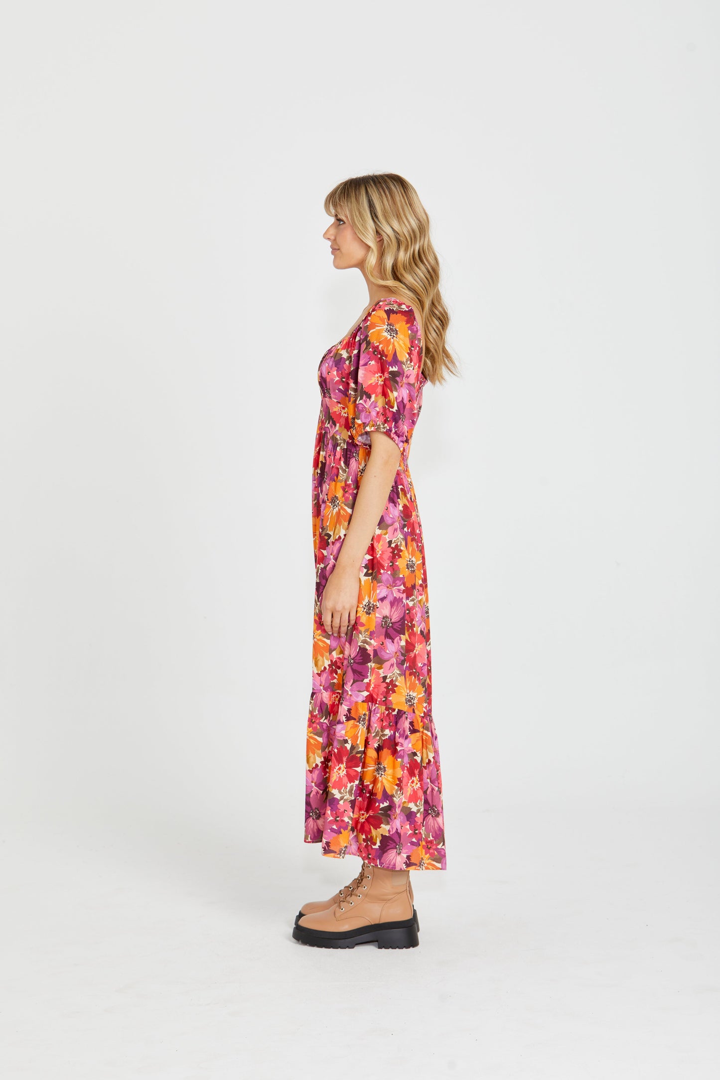 Yasmin Midi Dress - Berry Floral | Sass Clothing | Introducing the Yasmin Frill Hem Midi Dress! With its flirty frill hem and elasticated square neckline, it exudes confidence and grace. The back shirred panel ensure