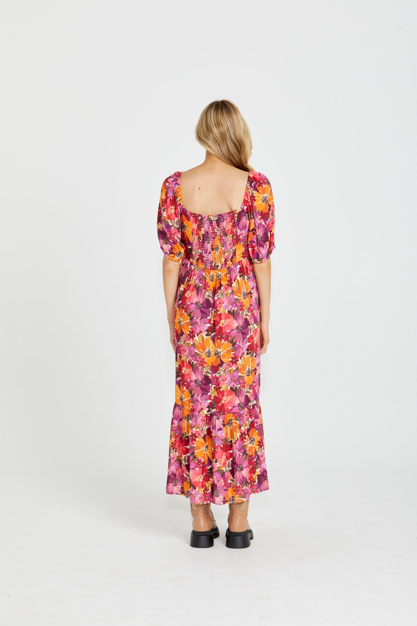 Yasmin Midi Dress - Berry Floral | Sass Clothing | Introducing the Yasmin Frill Hem Midi Dress! With its flirty frill hem and elasticated square neckline, it exudes confidence and grace. The back shirred panel ensure