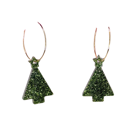 Christmas Tree Mini Hoops - Green Glitter