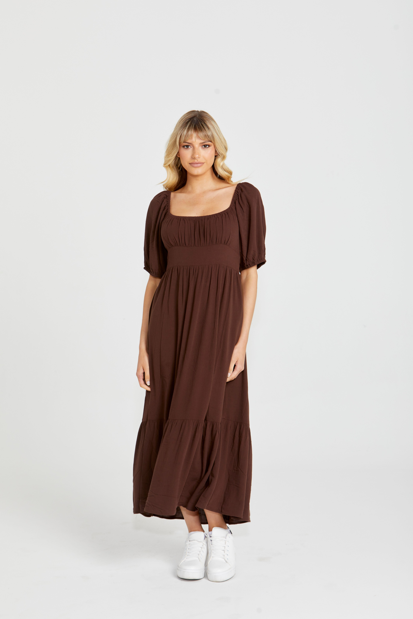 Yasmin Midi Dress - Brown | Sass Clothing | Introducing the Yasmin Frill Hem Midi Dress! With its flirty frill hem and elasticated square neckline, it exudes confidence and grace. The back shirred panel ensure