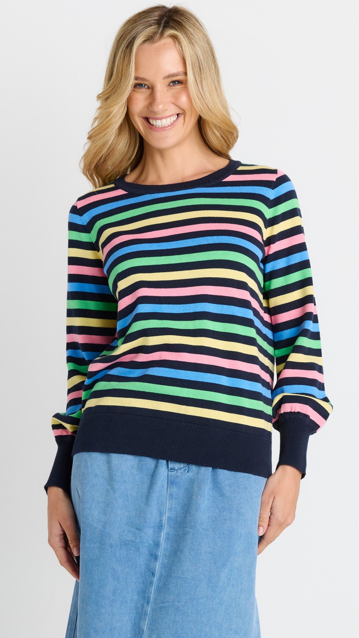 Indie Knit Sweater - Rainbow Navy Stripe
