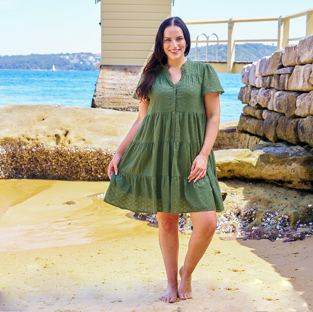 Elissa Dress - Khaki | Boho Australia | The Elissa Dress is a super cute shape with a detailed overlay giving it that little bit extra. It has buttons, making it breastfeeding friendly, and pockets!
Featur