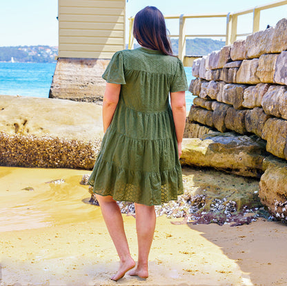 Elissa Dress - Khaki | Boho Australia | The Elissa Dress is a super cute shape with a detailed overlay giving it that little bit extra. It has buttons, making it breastfeeding friendly, and pockets!
Featur