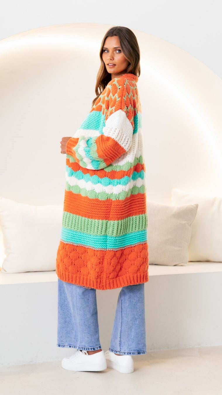 Munich Maxi Cardigan - Orange Aqua | Ebby and I | Fun! Check out this show stopping cardi. Wrap yourself in this bright and cosy oversized knit that will get you through the gloomiest winters day
Features:

Long, ov
