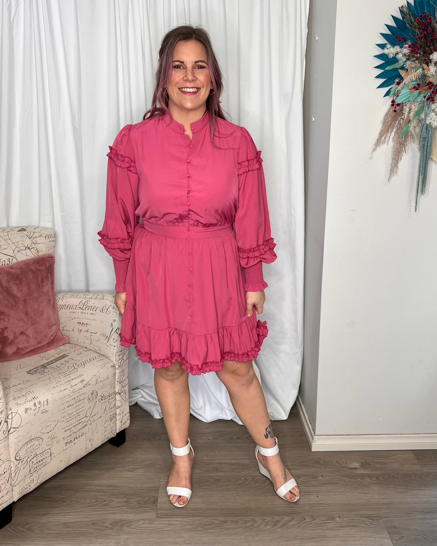 Lillian Mini Frill Dress: Each detail of the Lillian Mini Frill Dress is sweeter than the last. From the fabric buttons, to the open Mandarin Collar,to the frills and the shirred sleeve cuffs - Ciao Bella Dresses - Sass Clothing