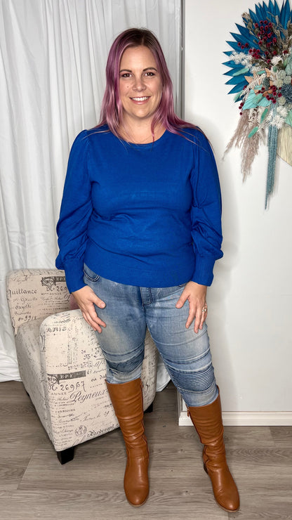 Charlotte Knit Jumper - Royal Blue | Betty Basics | This relaxed fit jumper features a crew neckline and unique balloon sleeves, perfect for adding some pizazz to your autumn wardrobe. Made from the softest material, 