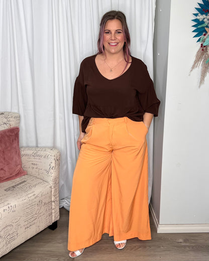 Lillian Palazzo Pants - Melon | Sass Clothing | The Lillian Palazzo Pants are a stunning shape to take you from office to after hours, year round. The pleats at the top streamline into a wide leg for the utmost in