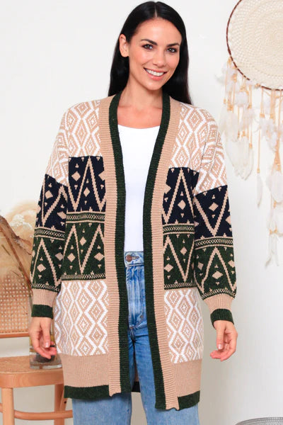 Terry Cardigan: Terry Cardigan is an open cardigan with a geometric print.  Soft and sweet, the Terry Cardigan is an easy “chuck on and go” to bring a hit of colour to your outfit

 - Ciao Bella Dresses 