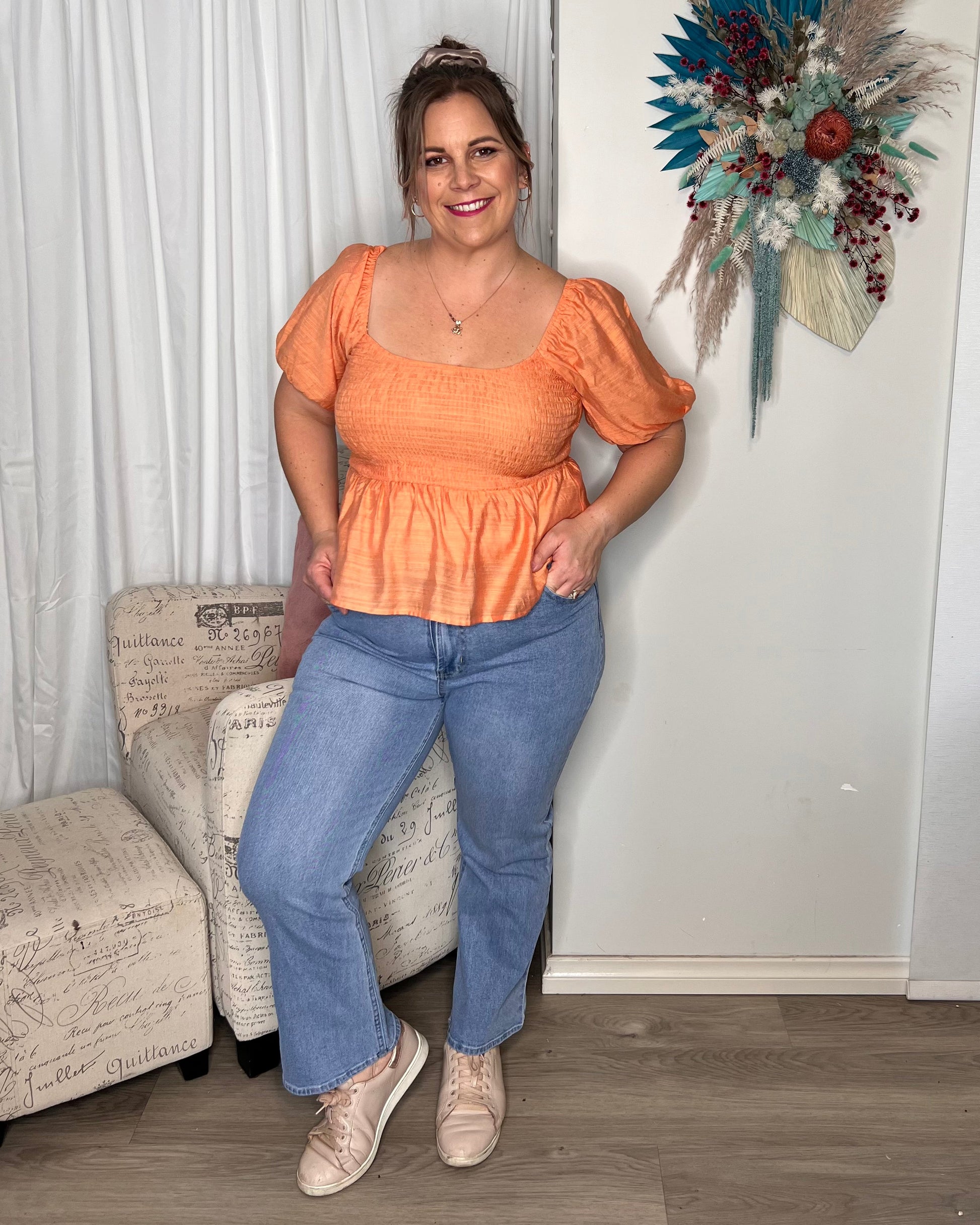 Miranda Shirred Top - Orange | Mylk the Label | The Miranda Top is a super sweet cut that can be dressed up or down
Features:

Rouched bust and back
Wear on or off the shoulder

Sizing:This item is true to size. A