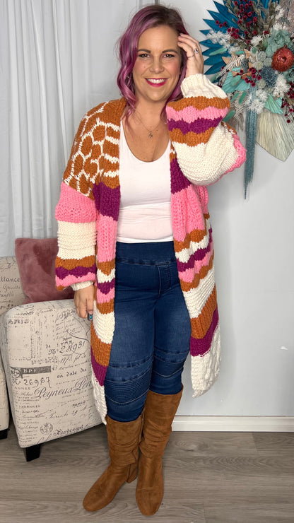Munich Maxi Cardigan - Pink Brown | Ebby and I | Fun! Check out this show stopping cardi. Wrap yourself in this bright and cosy oversized knit that will get you through the gloomiest winters day
Features:

Long, ov
