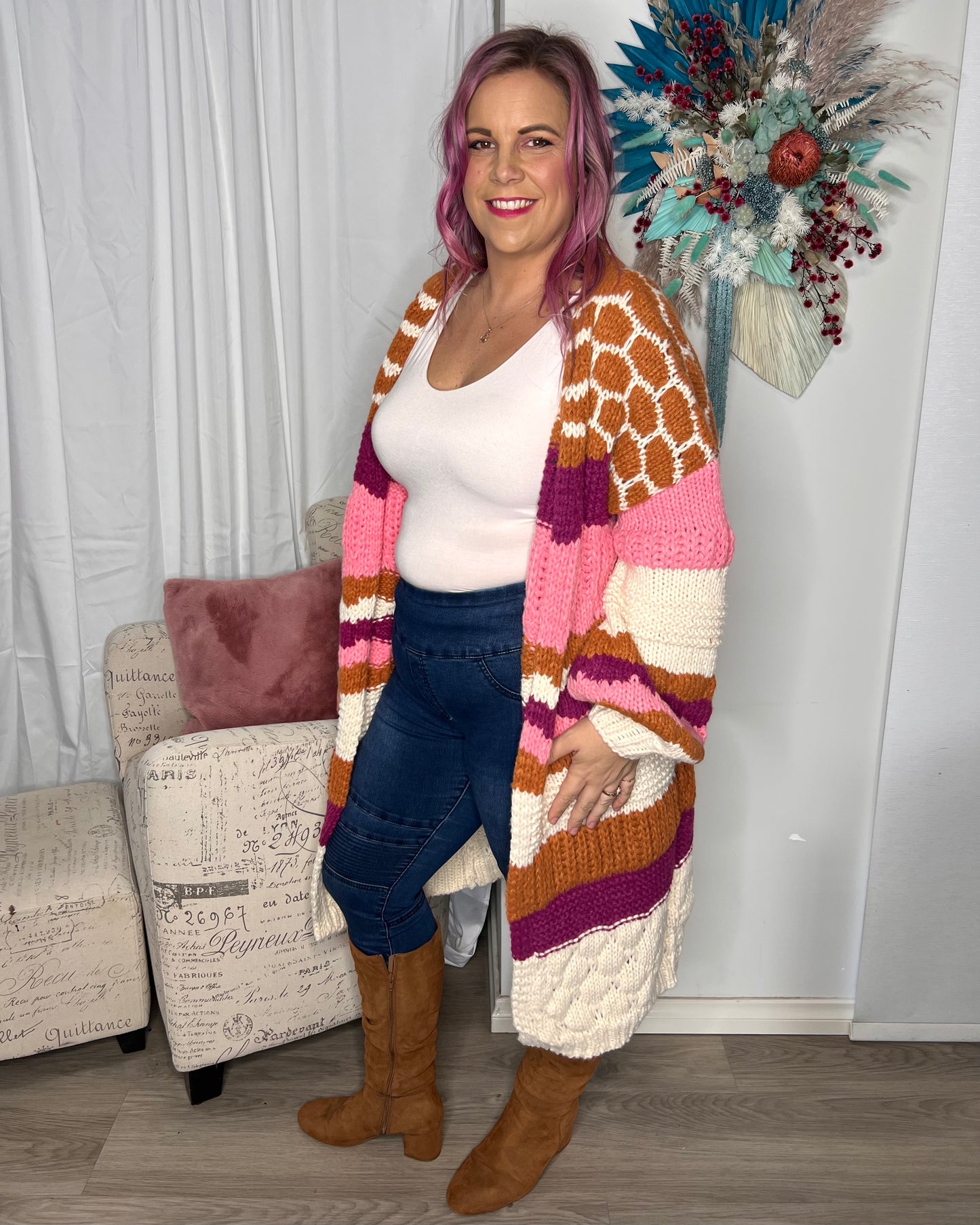 Munich Maxi Cardigan: Fun! Check out this show stopping cardi. Wrap yourself in this bright and cosy oversized knit that will get you through the gloomiest winters day
Features:

Long, ov - Ciao Bella Dresses 