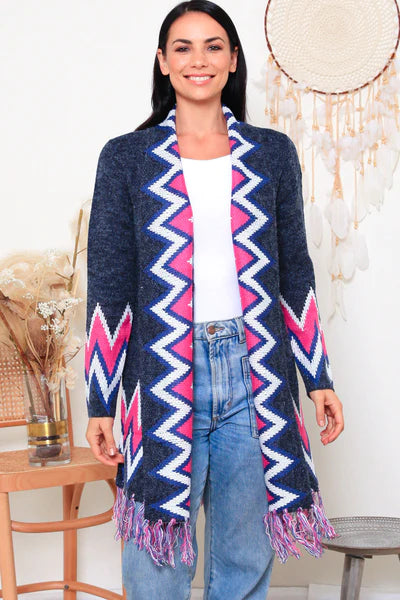 Rita Fringe Cardigan: Rita Fringe Cardigan is an open cardigan with a geometric print.  Soft and sweet, the Rita Fringe Cardigan is an easy “chuck on and go” to bring a hit of colour to y - Ciao Bella Dresses - Isabella