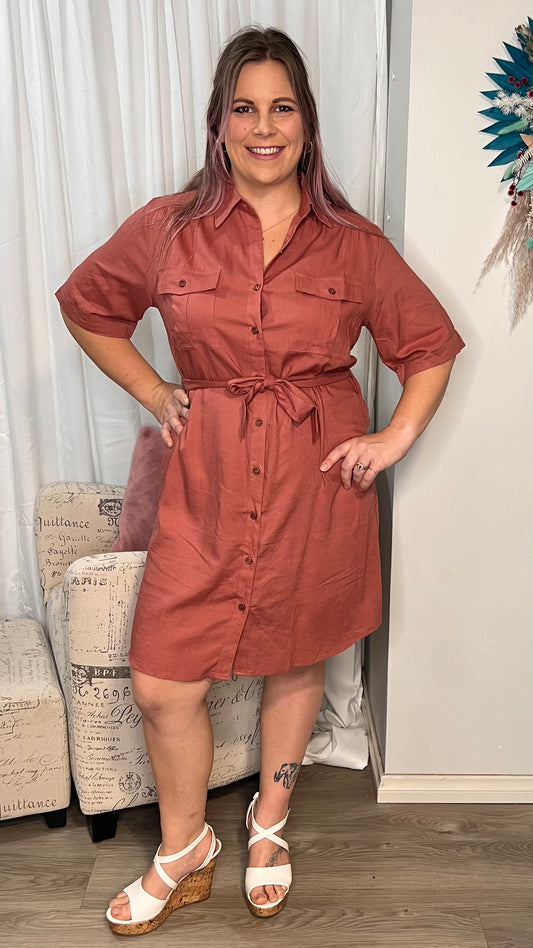 Aspen Dress: 
The Aspen Dress is a versatile shirt dress made from 100% cotton. With a matching belt and convenient pockets, this short dress features a chic high-low hem and is  - Ciao Bella Dresses 
