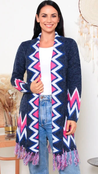 Rita Fringe Cardigan: Rita Fringe Cardigan is an open cardigan with a geometric print.  Soft and sweet, the Rita Fringe Cardigan is an easy “chuck on and go” to bring a hit of colour to y - Ciao Bella Dresses - Isabella