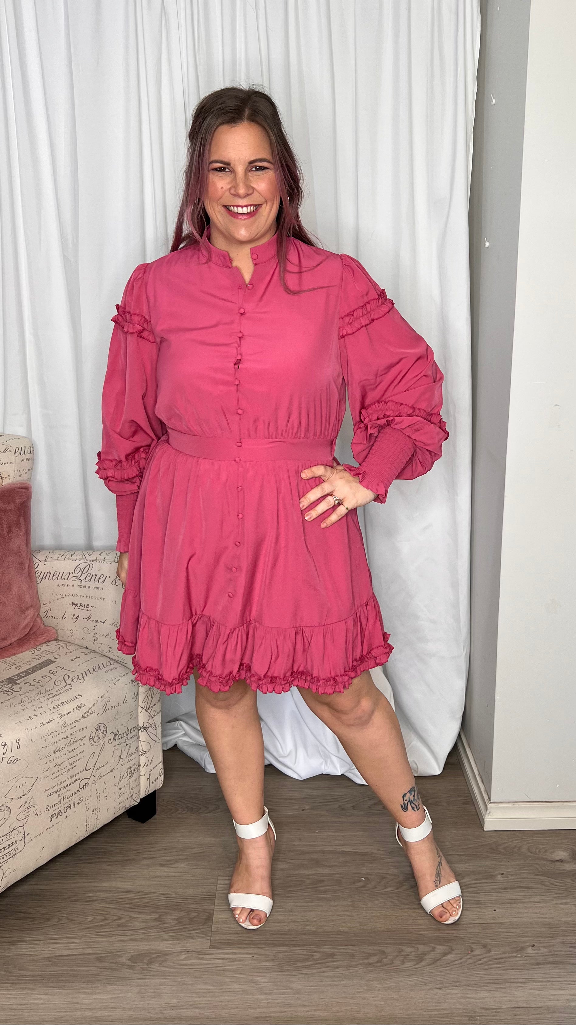 Lillian Mini Frill Dress: Each detail of the Lillian Mini Frill Dress is sweeter than the last. From the fabric buttons, to the open Mandarin Collar,to the frills and the shirred sleeve cuffs - Ciao Bella Dresses - Sass Clothing