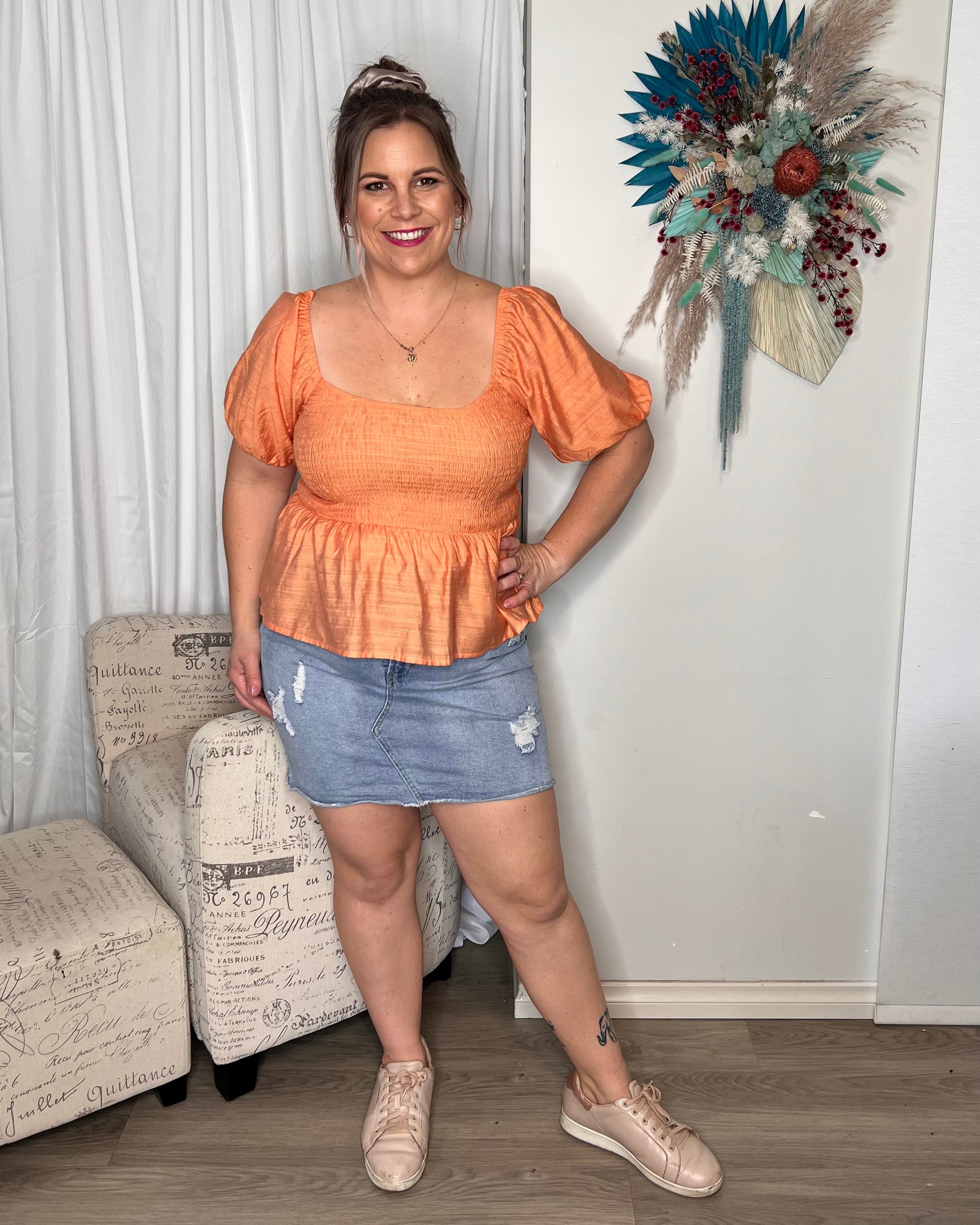 Miranda Shirred Top - Orange | Mylk the Label | The Miranda Top is a super sweet cut that can be dressed up or down
Features:

Rouched bust and back
Wear on or off the shoulder

Sizing:This item is true to size. A